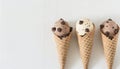 Scoops of chocolate and vanilla ice cream with chocolate chips, in waffle cones Royalty Free Stock Photo