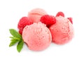 Scoops of delicious raspberry ice cream with mint and fresh berries on white Royalty Free Stock Photo