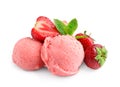 Scoops of delicious strawberry ice cream with mint and fresh berries on white Royalty Free Stock Photo