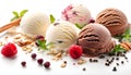 Scoops of different ice creams and ingredients on white Royalty Free Stock Photo