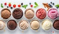 Scoops of different ice creams and ingredients on white Royalty Free Stock Photo