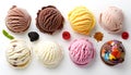 Scoops of different ice creams and ingredients on white Royalty Free Stock Photo