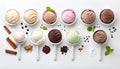 Scoops of different ice creams and ingredients on white Royalty Free Stock Photo