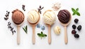 Scoops of different ice creams and ingredients on white Royalty Free Stock Photo