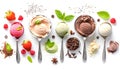 Scoops of different ice creams and ingredients on white Royalty Free Stock Photo