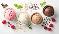 Scoops of different ice creams and ingredients on white Royalty Free Stock Photo