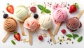 Scoops of different ice creams and ingredients on white Royalty Free Stock Photo