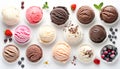 Scoops of different ice creams and ingredients on white Royalty Free Stock Photo