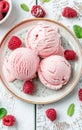 Scoops of Raspberry Ice Cream on a Ceramic Plate Adorned With Fresh Berries Royalty Free Stock Photo