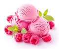 Scoops of raspberry ice cream decorated with fresh raspberries and mint leaves Royalty Free Stock Photo