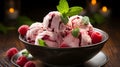 Homemade raspberry ice cream with fresh raspberry pieces on rustic wooden background Royalty Free Stock Photo