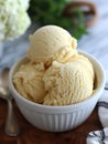 Scoops of rich vanilla ice cream in a white bowl on a wooden table. Royalty Free Stock Photo