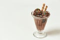 Scoops of tasty chocolate ice cream sprinkled with sweet grains and wafer sticks in a glass sundae dish isolated over Royalty Free Stock Photo