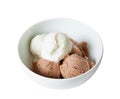 Scoops of vanilla and chocolate ice cream in bowl on white Royalty Free Stock Photo