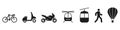 Scooter, Cable Car, Helicopter, Motorcycle, Bike, Moped Silhouette Icon Set. Transportation Pictogram. Traffic Solid