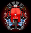 scooter classic in red with waves and samurai background