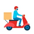 Scooter courier with box goods, delivery man in respiratory mask. Online delivery service, delivery home. Vector illustration