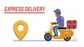 Scooter delivery black boy. Fast courier, motorcycle driver rides on road delivers food, order or parcel to client