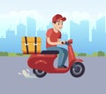 Scooter with delivery man. Fast courier, motorcycle driver to client. Courier on red scooter with box order or parcel on