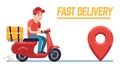 Scooter With Delivery Man. Fast Courier With Pizza, Motorcycle Driver On Road To Client. Restaurant Food Service Flat