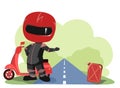 Scooter driver. Biker Cartoon. Child illustration. Asks for fuel. In a sports uniform and a red helmet. Cool