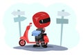 Scooter driver. Biker Cartoon. Child illustration. Lost. In a sports uniform and a red helmet. Cool motorcyclist