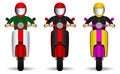 Scooter drivers set. bikers and their scooters of different colors. front view. Isolated objects on white background Royalty Free Stock Photo