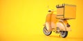 Scooter express delivery service. Yellow motor bike with delivery bag on yellow background