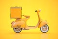 Scooter express delivery service. Yellow motor bike with delivery bag on yellow background