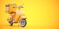 Scooter express delivery service. Yellow motor bike with delivery bag on yellow background