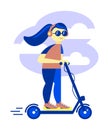 Girl scooter on a summer walk. Vector.