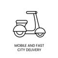 Scooter mobile and fast city delivery, vector line icon with editable stroke