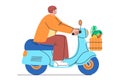 Scooter motor bike delivery buy groceries fresh vegetable courier transport service flat line illustration colorful Royalty Free Stock Photo