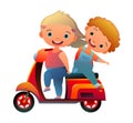 Scooter motorcycle. Boy kid little passenger and girl driving. Cartoon style illustration. Cute childish. Isolated on Royalty Free Stock Photo