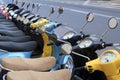 Scooter mototbikes row many in rent store Royalty Free Stock Photo