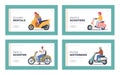 Scooter Rentals Landing Page Template Set. Motorcyclist Riders in Helmets Driving Motor Bikes, Bikers Riding Motorcycles