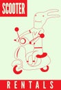 Scooter rentals poster. Funny cartoon rabbit riding a scooter. Vector illustration.