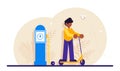 Scooter ride concept. Electric scooter on the background of a charging station. Modern flat illustration.