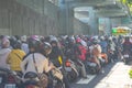 Scooter waterfall in Taiwan. Traffic jam crowded of motorcycles on the ramp of Taipei Bridge