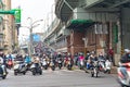 Scooter waterfall in Taiwan. Traffic jam crowded of motorcycles at rush hour on the ramp of Taipei Bridge