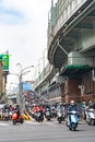 Scooter waterfall in Taiwan. Traffic jam crowded of motorcycles at rush hour on the ramp of Taipei Bridge