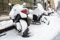 Scooters and motorcycles covered with snow in the street