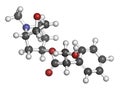 Scopolamine (hyoscine) anticholinergic drug molecule. Used in treatment of nausea, vomiting and motion sickness. Atoms are