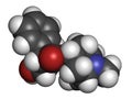 Scopolamine (hyoscine) anticholinergic drug molecule. Used in treatment of nausea, vomiting and motion sickness. Atoms are