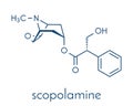 Scopolamine hyoscine anticholinergic drug molecule. Used in treatment of nausea, vomiting and motion sickness. Skeletal formula.