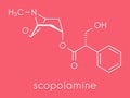 Scopolamine hyoscine anticholinergic drug molecule. Used in treatment of nausea, vomiting and motion sickness. Skeletal formula.