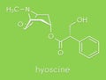 Scopolamine hyoscine anticholinergic drug molecule. Used in treatment of nausea, vomiting and motion sickness. Skeletal formula.