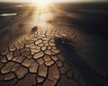 Cracked earth arid soil, desert,global warming, rusty tractor, dead animal bones, drought, pollution