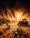 Cracked earth arid burned soil desert, climate change global warming, rusty tractor, bones, drought, Royalty Free Stock Photo