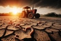 Cracked arid soil, global warming heat wave, rusty tractor, dead animal bones, drought, pollution Royalty Free Stock Photo